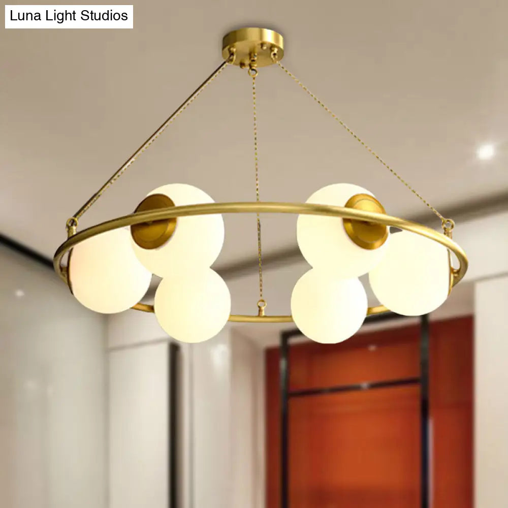 Postmodern Metal Chandelier With Globe Frosted Glass Shades - 6/8 Lights Brass Hanging Lamp 6 /