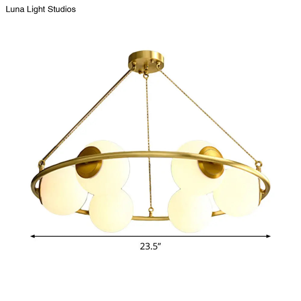 Postmodern Metal Chandelier With Globe Frosted Glass Shades - 6/8 Lights Brass Hanging Lamp