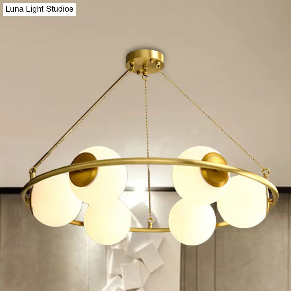 Postmodern Metal Chandelier With Globe Frosted Glass Shades - 6/8 Lights Brass Hanging Lamp