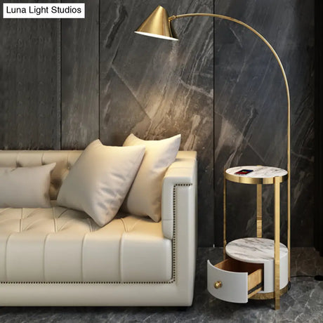 Postmodern Metal Fishing Rod Floor Lamp With Swivel Cone Shade And Marble Tray Cabinet