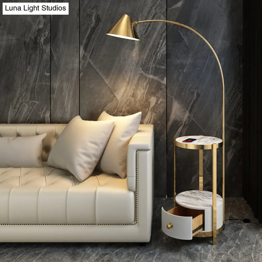 Postmodern Metal Fishing Rod Floor Lamp With Swivel Cone Shade And Marble Tray Cabinet