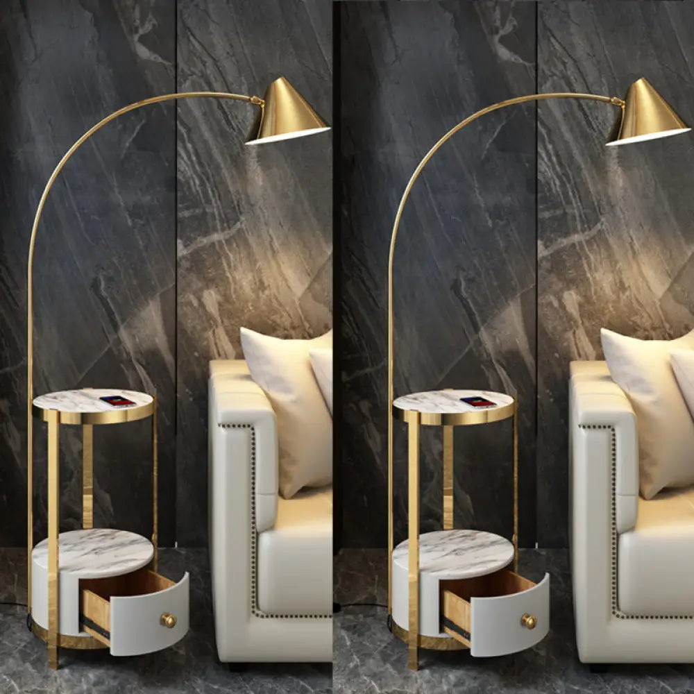 Postmodern Metal Fishing Rod Floor Lamp With Swivel Cone Shade And Marble Tray Cabinet Gold