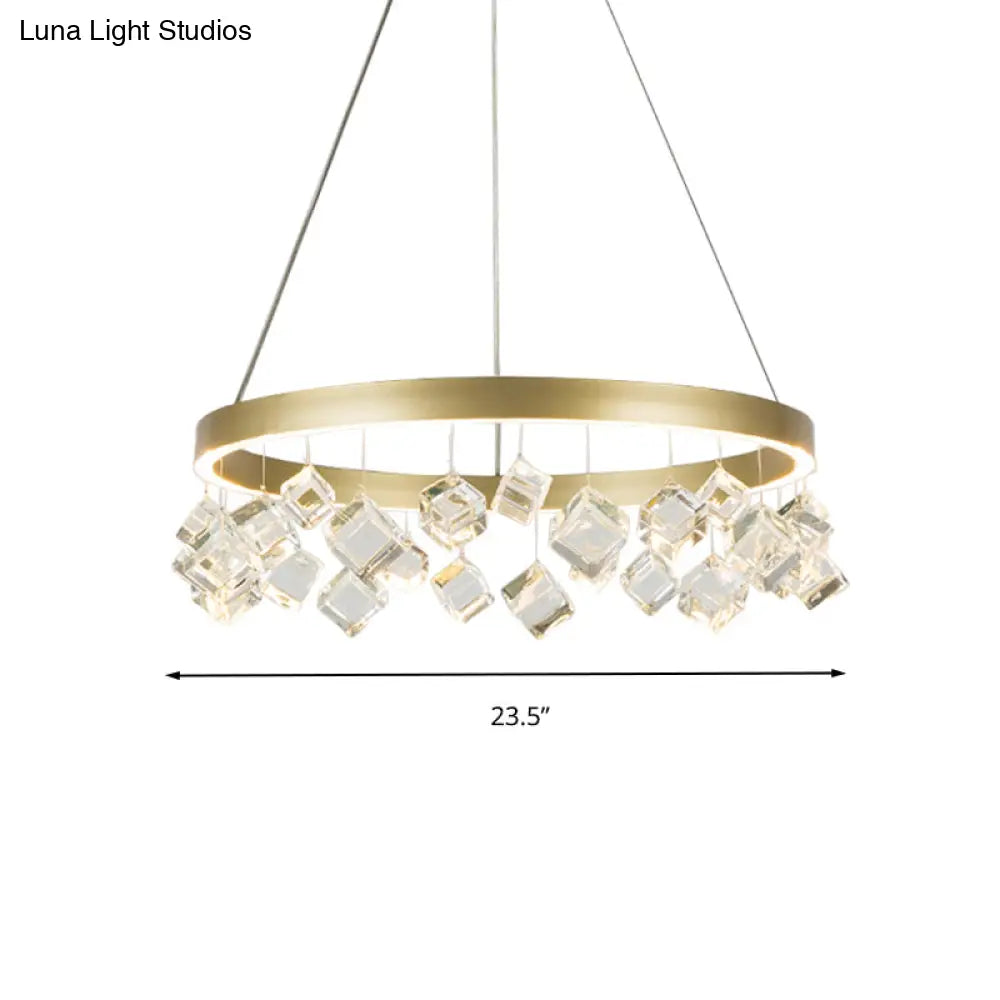 Postmodern Metal Gold Pendant Light With Led Warm/White & Crystal Drop