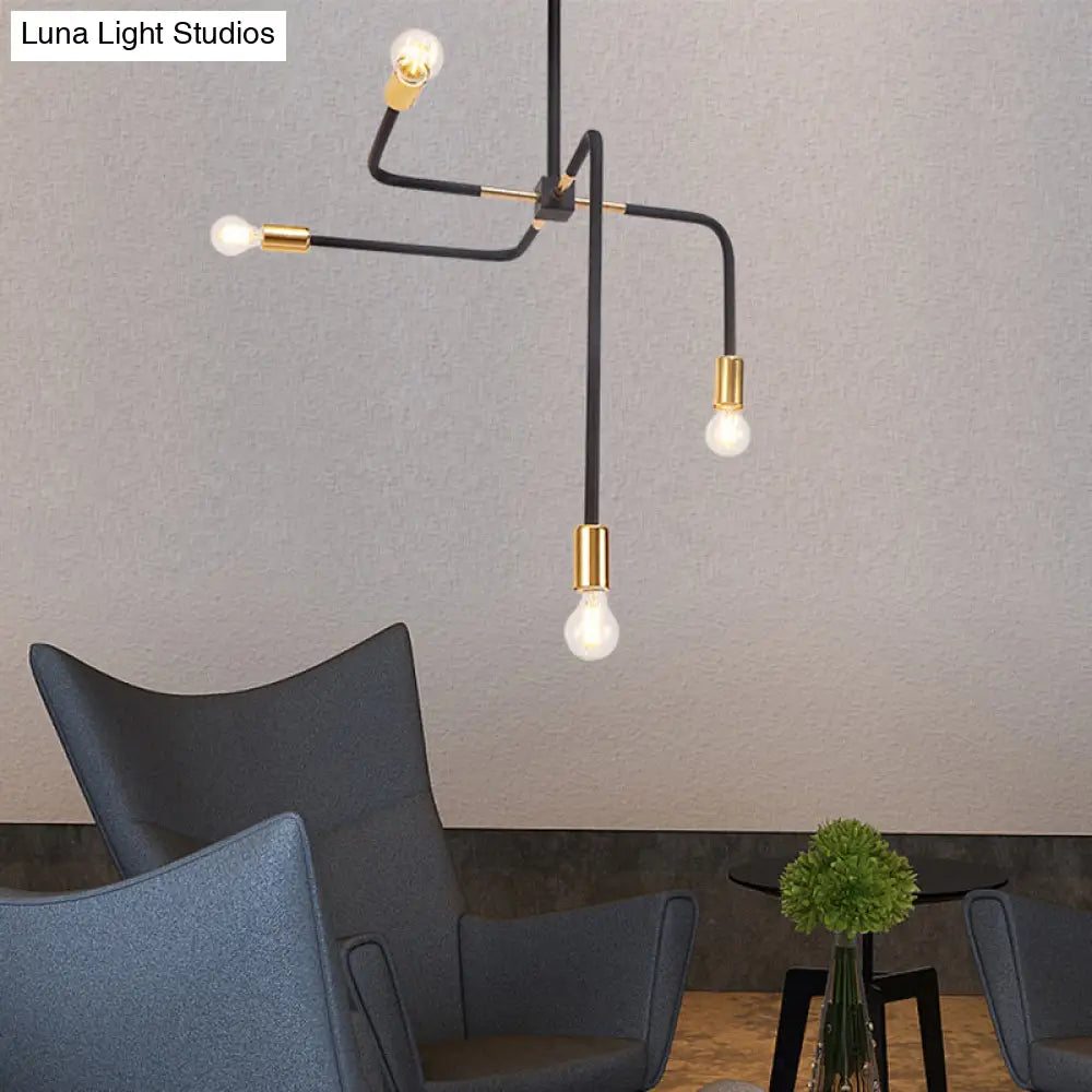 Postmodern Metal Hanging Chandelier With Curved Arms - Black Bare Bulbs Ideal For Living Room