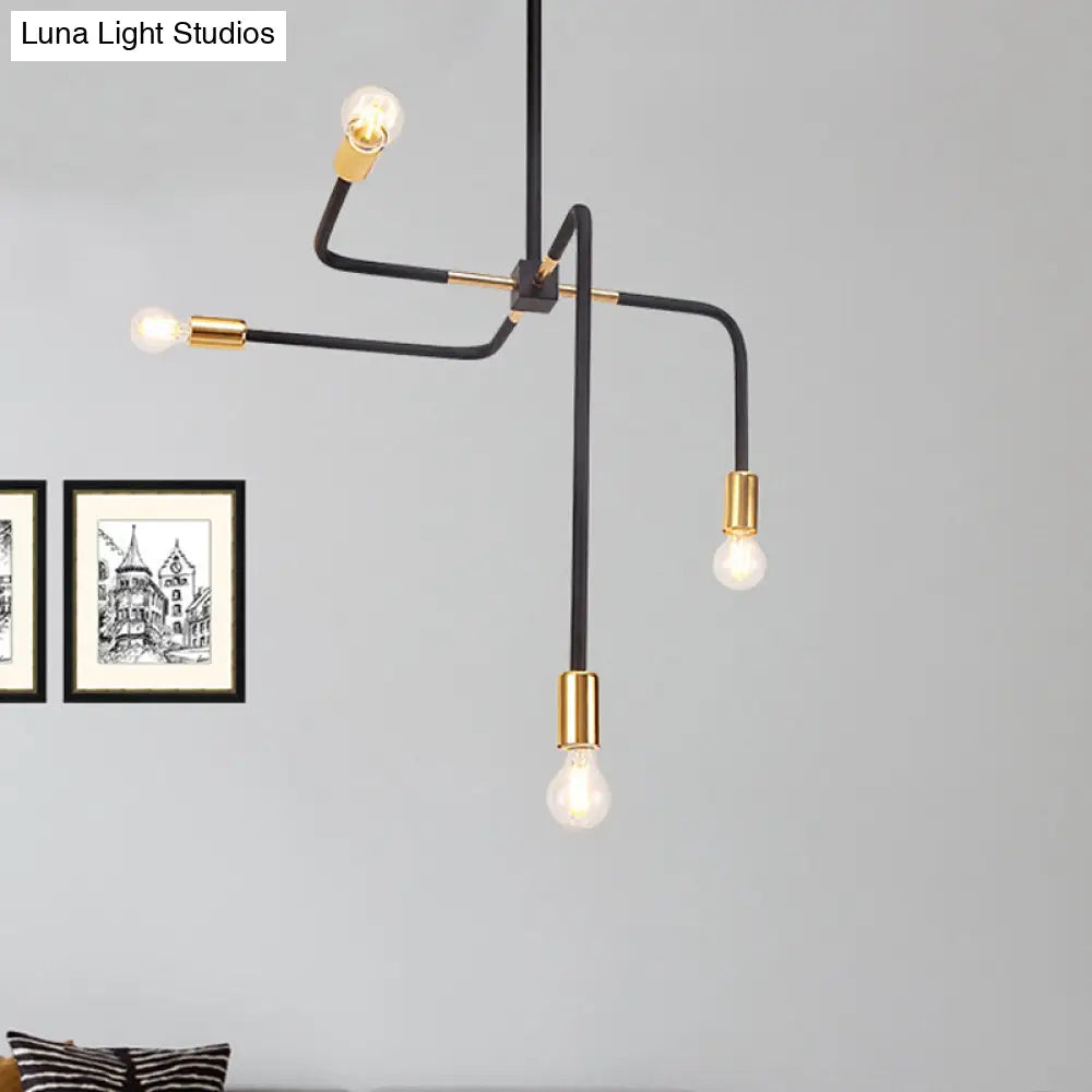 Postmodern Metal Hanging Chandelier With Curved Arms - Black Bare Bulbs Ideal For Living Room