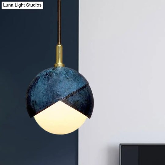 Postmodern Metal Pendant Lamp: Semi Sphere Shade 1 Head Blue Hanging 5.5’/9.5’ Wide