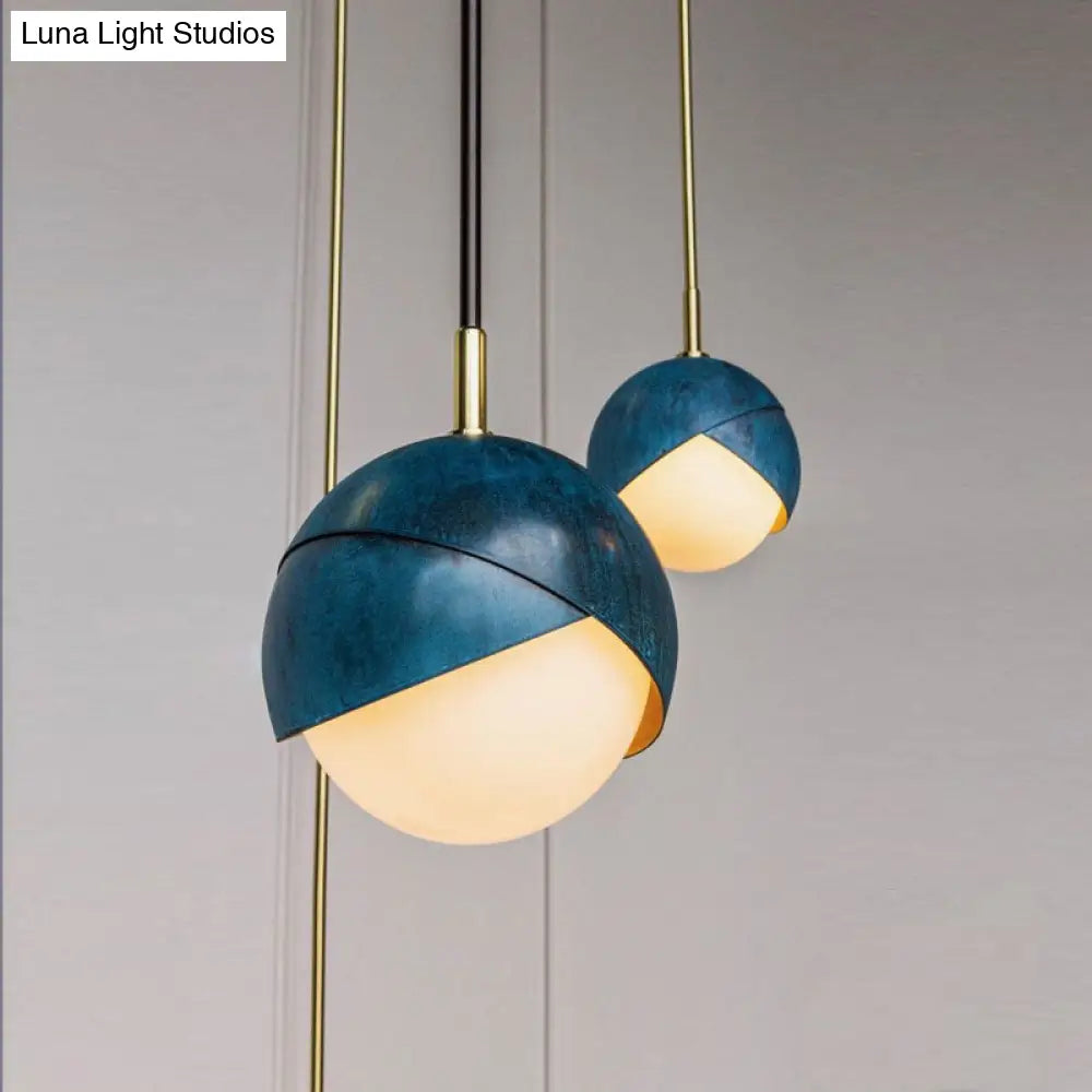 Postmodern Metal Pendant Lamp: Semi Sphere Shade 1 Head Blue Hanging 5.5’/9.5’ Wide