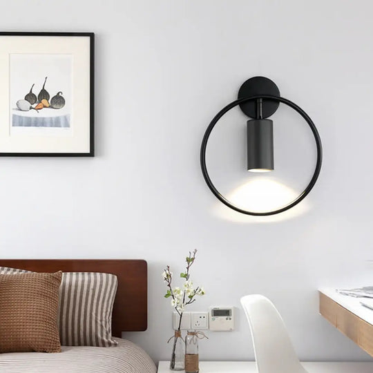 Postmodern Metallic Wall Mount Sconce Light With Halo Ring - 1 Head Bedside Solution Black