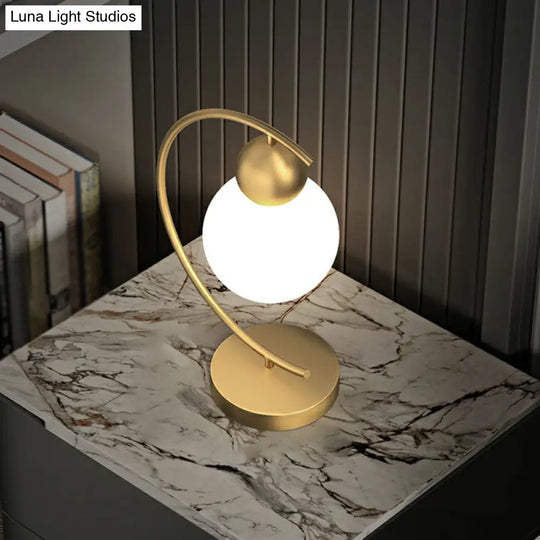 Postmodern Milk Glass 1-Light Gold Nightstand Lamp With C Arm And Gourd Shape