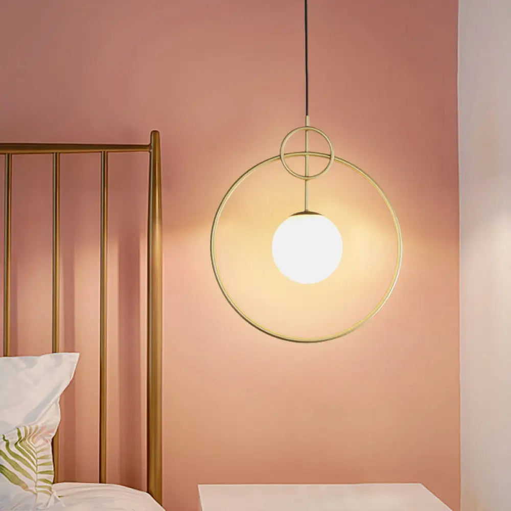 Postmodern Milk Glass Ball Pendant Light Fixture Gold Circles - 1-Light Dining Room Ceiling Lamp