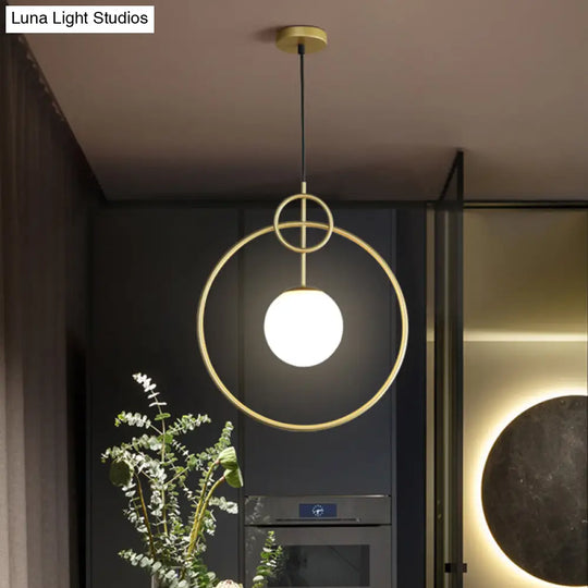 Postmodern Milk Glass Ball Pendant Light Fixture Gold Circles - 1-Light Dining Room Ceiling Lamp