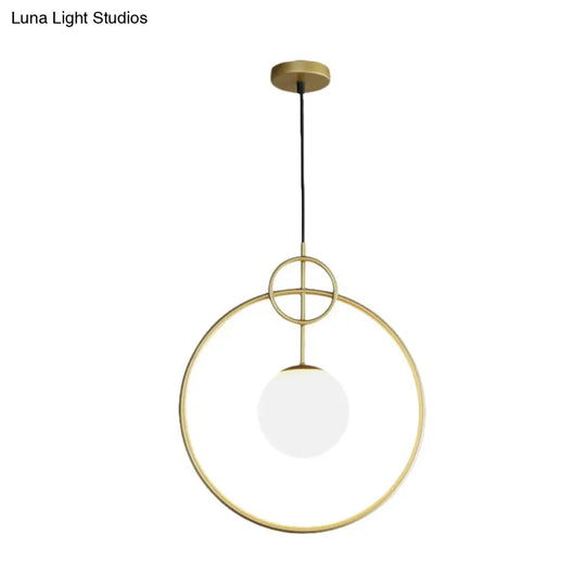 Postmodern Milk Glass Ball Pendant Light Fixture Gold Circles - 1-Light Dining Room Ceiling Lamp