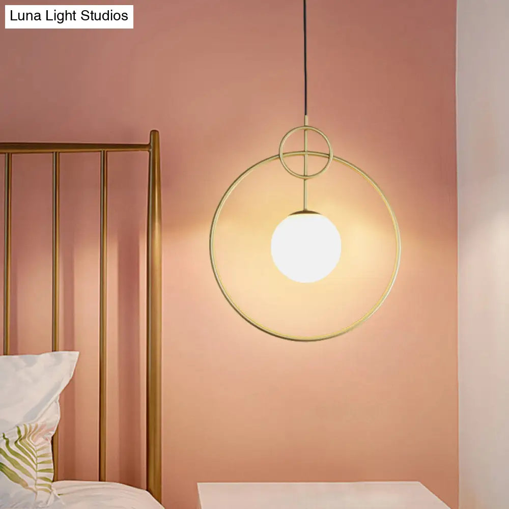 Postmodern Milk Glass Ball Pendant Light With Gold Circles - 1-Light Ceiling Lamp For Dining Room