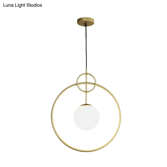 Postmodern Milk Glass Ball Pendant Light With Gold Circles - 1-Light Ceiling Lamp For Dining Room