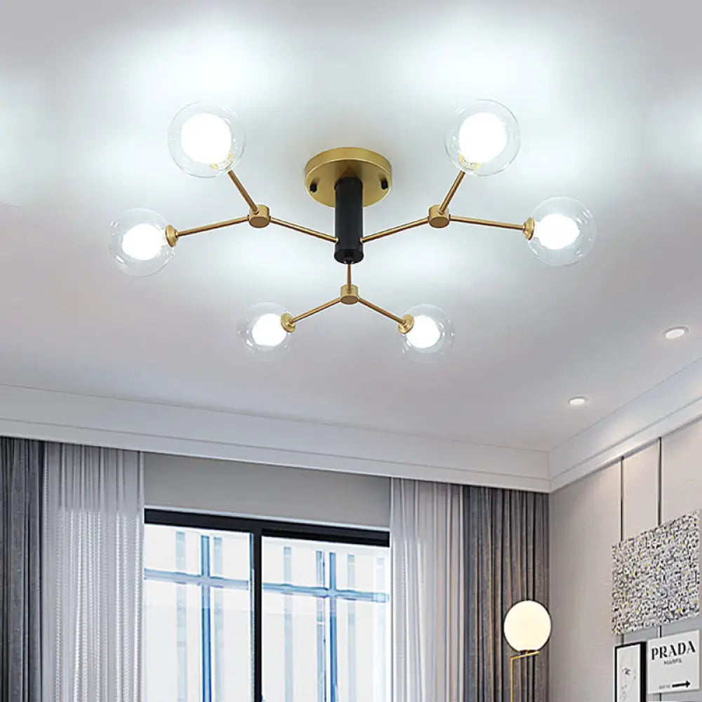 Postmodern Molecule Ceiling Light - Clear & White Glass 6 - Head Semi Flush Mount In Gold For