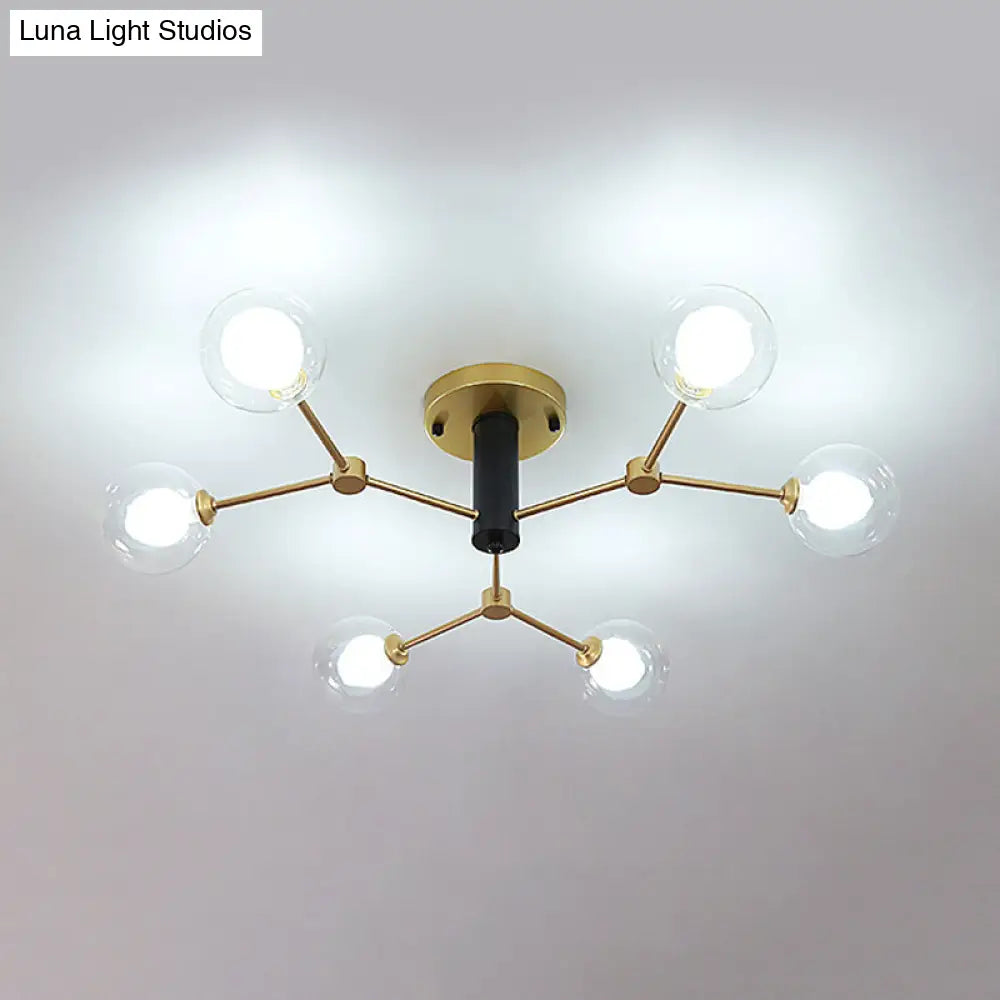 Postmodern Molecule Ceiling Light - Clear & White Glass 6 - Head Semi Flush Mount In Gold For