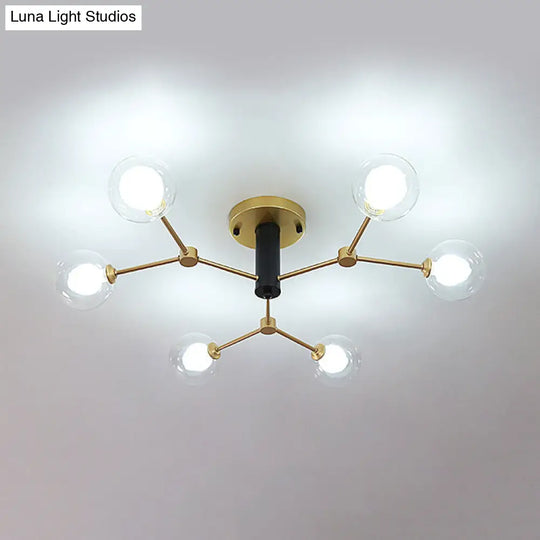 Postmodern Molecule Ceiling Light - Clear & White Glass 6 - Head Semi Flush Mount In Gold For