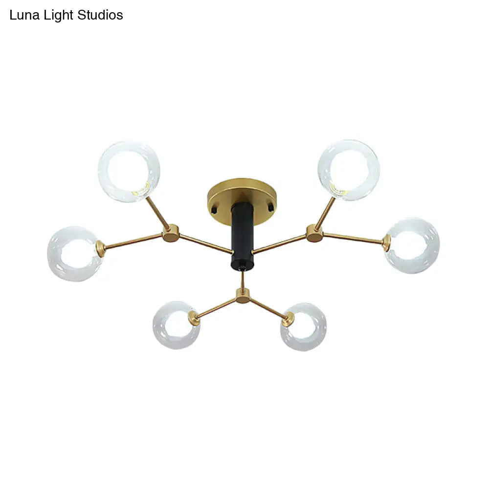 Postmodern Molecule Ceiling Light - Clear & White Glass 6 - Head Semi Flush Mount In Gold For