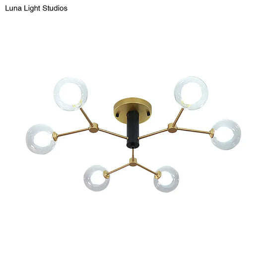 Postmodern Molecule Ceiling Light - Clear & White Glass 6 - Head Semi Flush Mount In Gold For