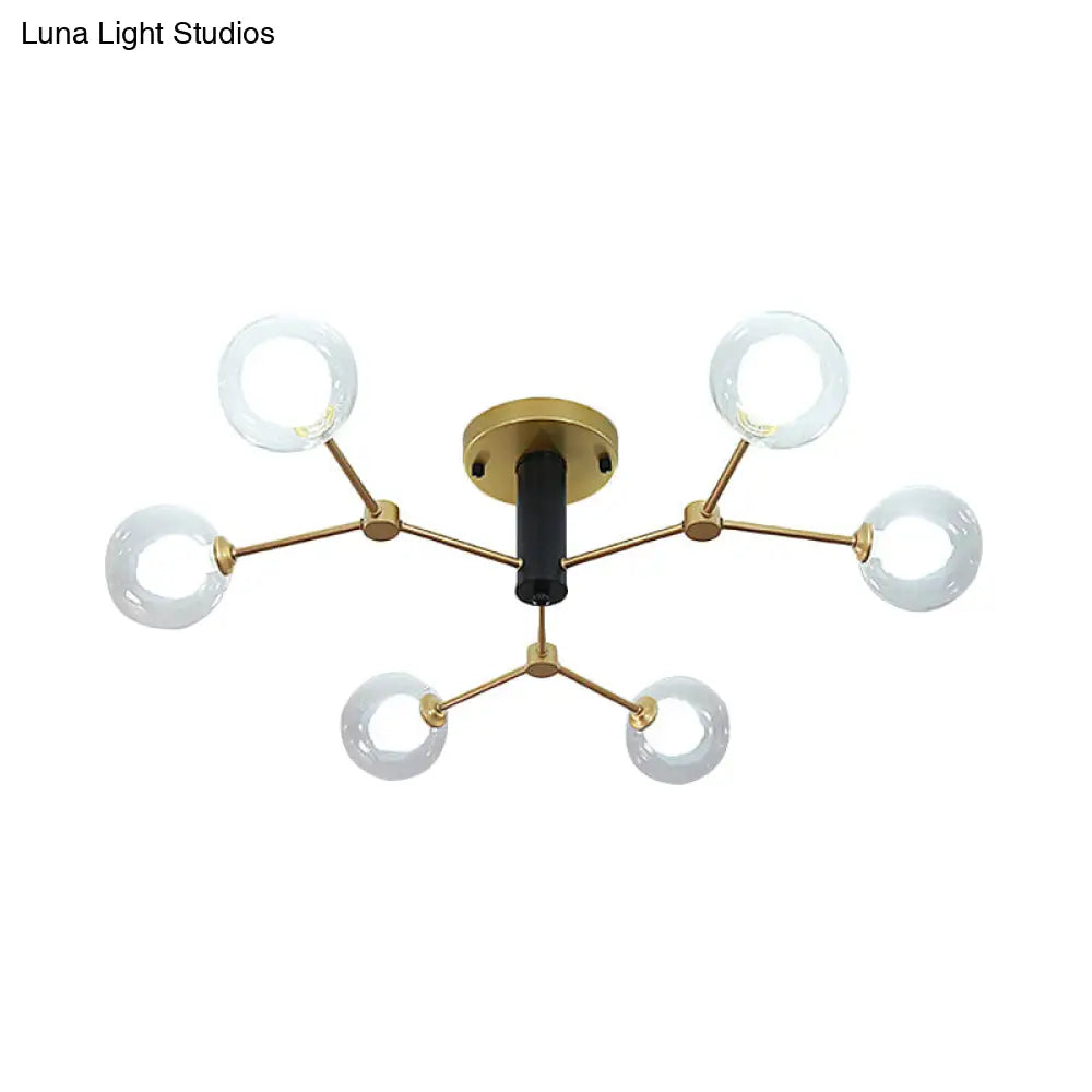 Modern Clear And White Glass 6-Head Semi Flush Mount Ceiling Light For Bedrooms In Gold