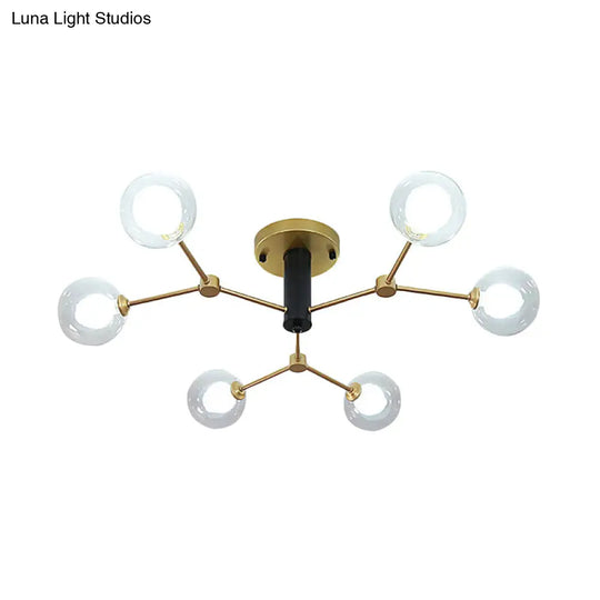 Modern Clear And White Glass 6-Head Semi Flush Mount Ceiling Light For Bedrooms In Gold