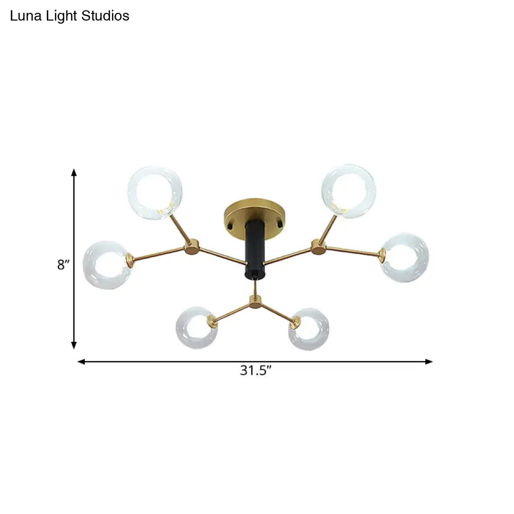 Postmodern Molecule Ceiling Light - Clear & White Glass 6 - Head Semi Flush Mount In Gold For