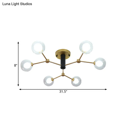 Postmodern Molecule Ceiling Light - Clear & White Glass 6 - Head Semi Flush Mount In Gold For