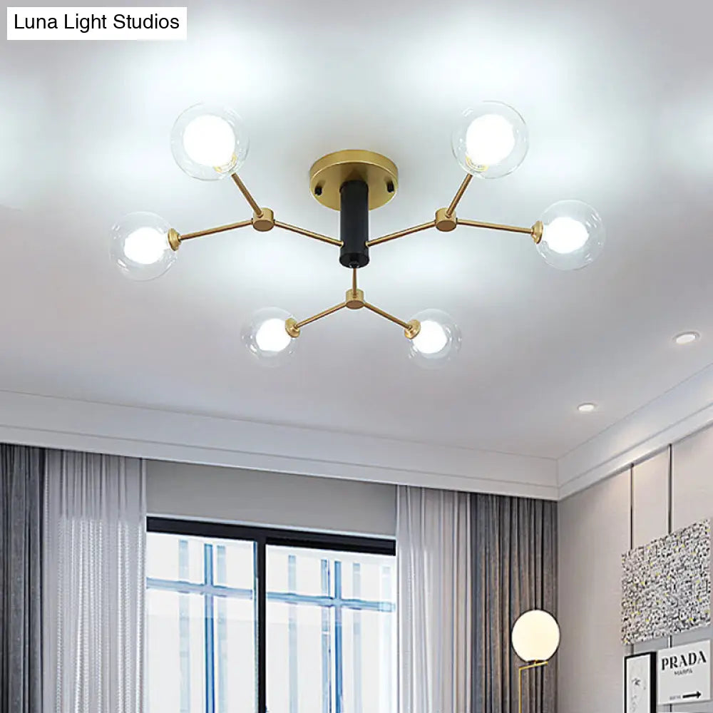 Modern Clear And White Glass 6-Head Semi Flush Mount Ceiling Light For Bedrooms In Gold