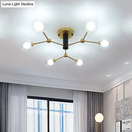Modern Clear And White Glass 6-Head Semi Flush Mount Ceiling Light For Bedrooms In Gold