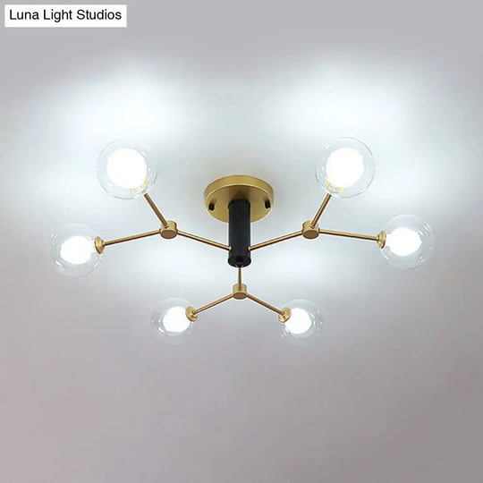 Modern Clear And White Glass 6-Head Semi Flush Mount Ceiling Light For Bedrooms In Gold