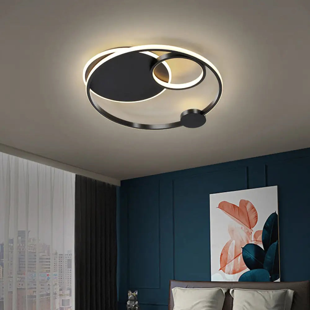 Postmodern Multi-Ring Metal Led Flush Mount Ceiling Lamp For Bedroom Black / 16’ White Light