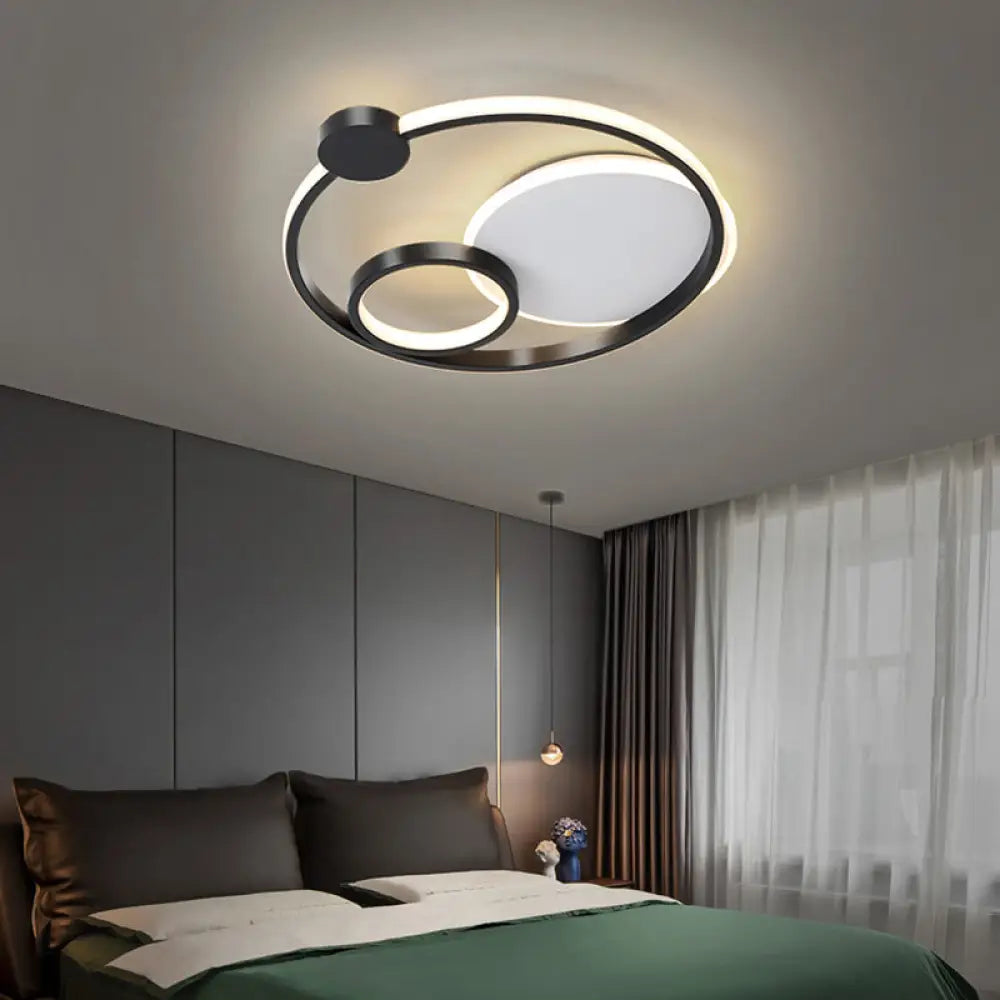 Postmodern Multi-Ring Metal Led Flush Mount Ceiling Lamp For Bedroom Black-White / 16’ White Light