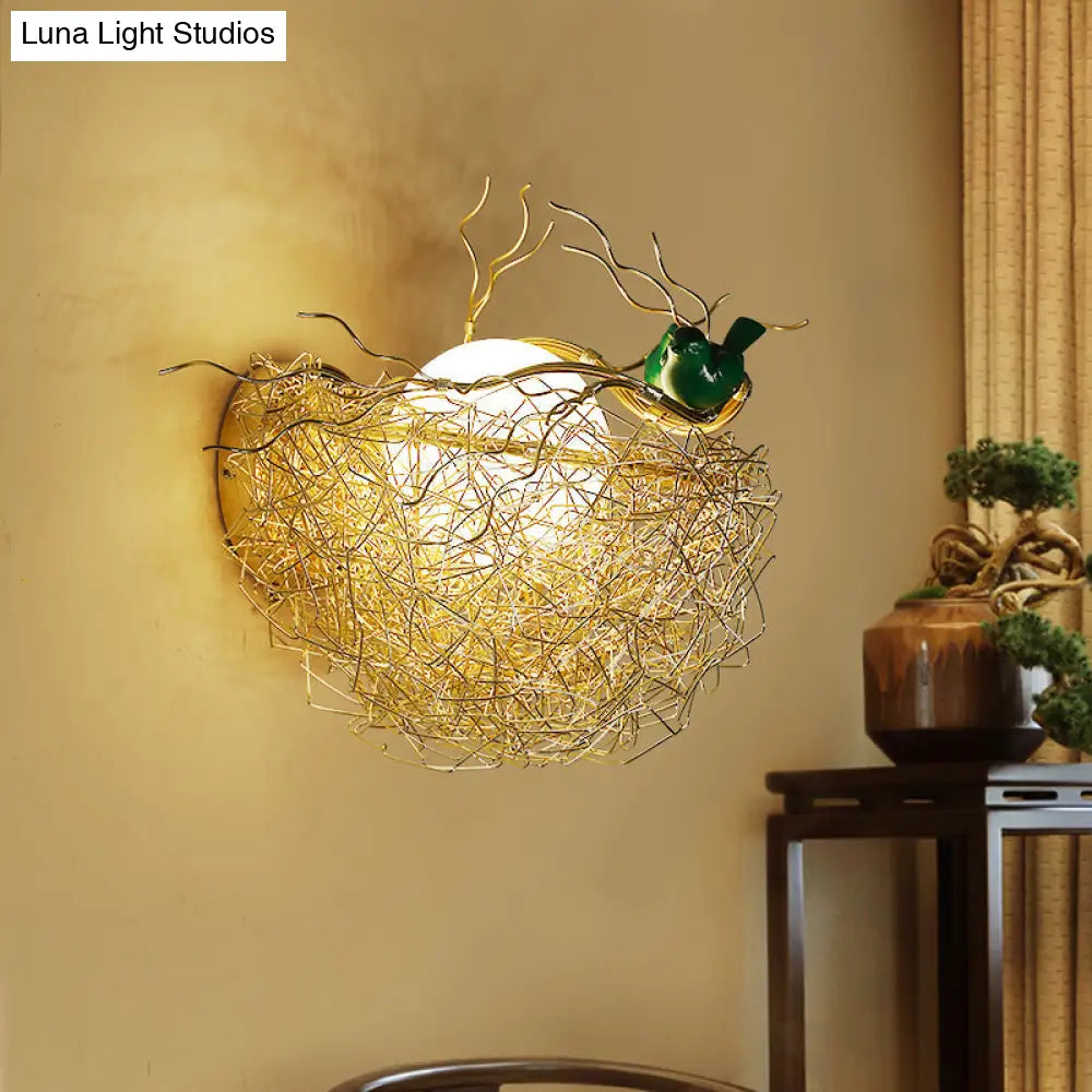 Postmodern Opal Glass Globe Wall Sconce Light With Bird Nest Design - Gold Lamp 14/15 Wide