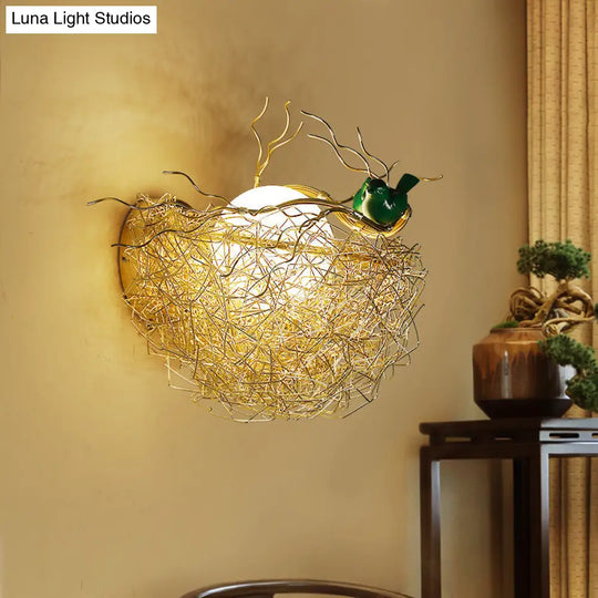 Postmodern Opal Glass Globe Wall Sconce Light With Bird Nest Design - Gold Lamp 14/15 Wide