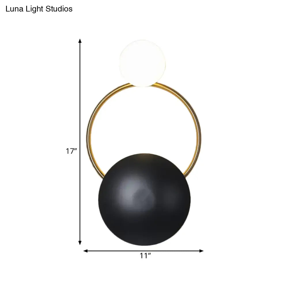 Postmodern Orbital Flush Mount Iron 2-Light Wall Sconce In Black-Gold With Orb Opal Glass Shade