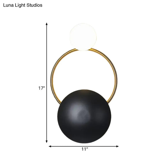 Postmodern Orbital Flush Mount Iron 2-Light Wall Sconce In Black-Gold With Orb Opal Glass Shade