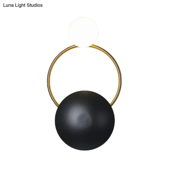 Postmodern Orbital Flush Mount Iron 2-Light Wall Sconce In Black-Gold With Orb Opal Glass Shade