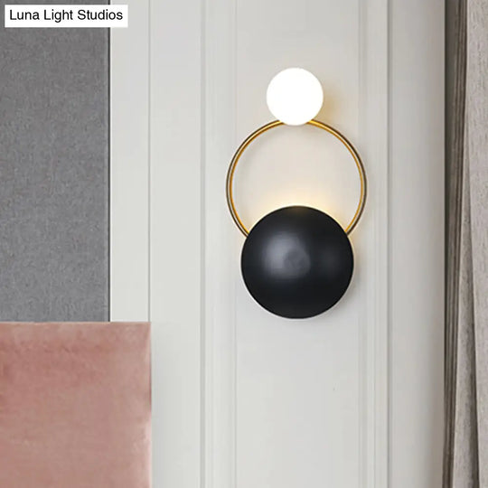 Postmodern Orbital Flush Mount Iron 2-Light Wall Sconce In Black-Gold With Orb Opal Glass Shade