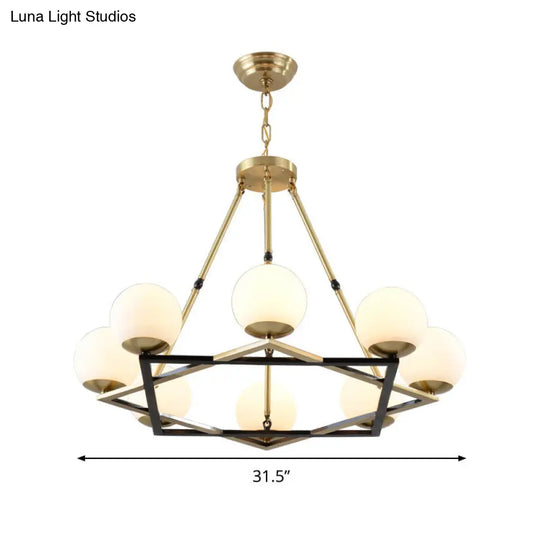 Postmodern Polygon Metal Chandelier 6/8 Heads - Brass Hanging Ceiling Light With White Globe Glass