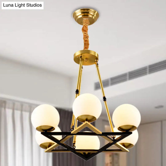 Postmodern Polygon Metal Chandelier 6/8 Heads - Brass Hanging Ceiling Light With White Globe Glass