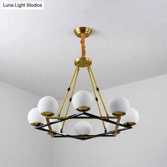 Postmodern Polygon Metal Chandelier 6/8 Heads - Brass Hanging Ceiling Light With White Globe Glass