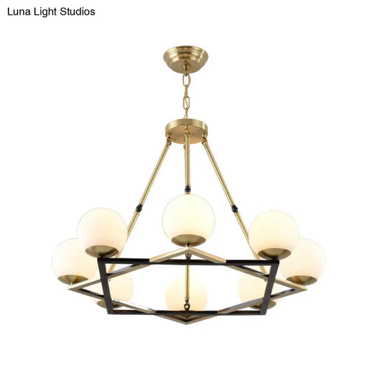 Postmodern Polygon Metal Chandelier 6/8 Heads - Brass Hanging Ceiling Light With White Globe Glass