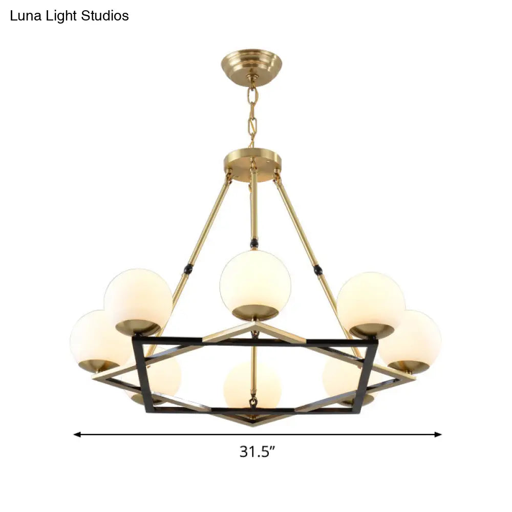 Postmodern Polygon Metal Chandelier With Brass Finish And Globe White Glass Shades