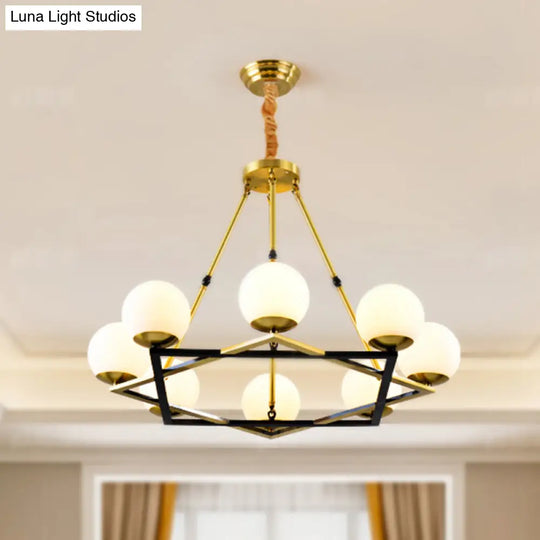 Postmodern Polygon Metal Chandelier 6/8 Heads - Brass Hanging Ceiling Light With White Globe Glass