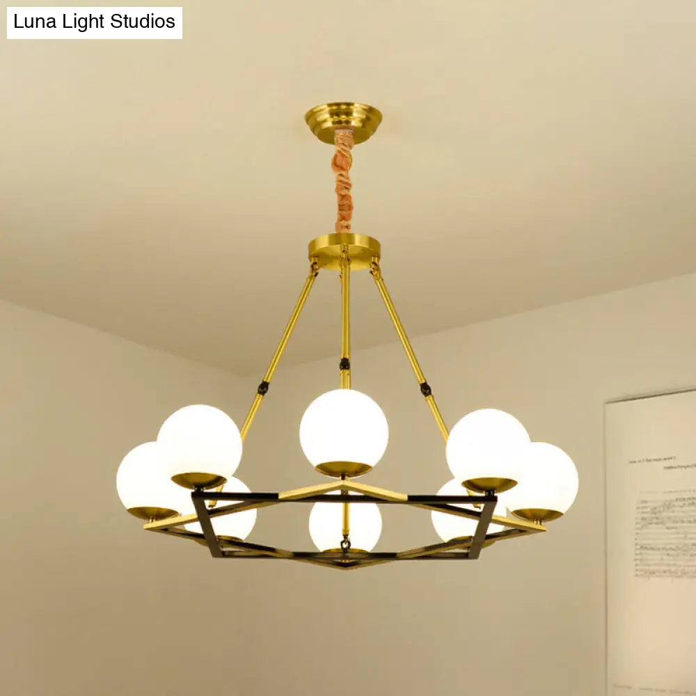 Postmodern Polygon Metal Chandelier 6/8 Heads - Brass Hanging Ceiling Light With White Globe Glass