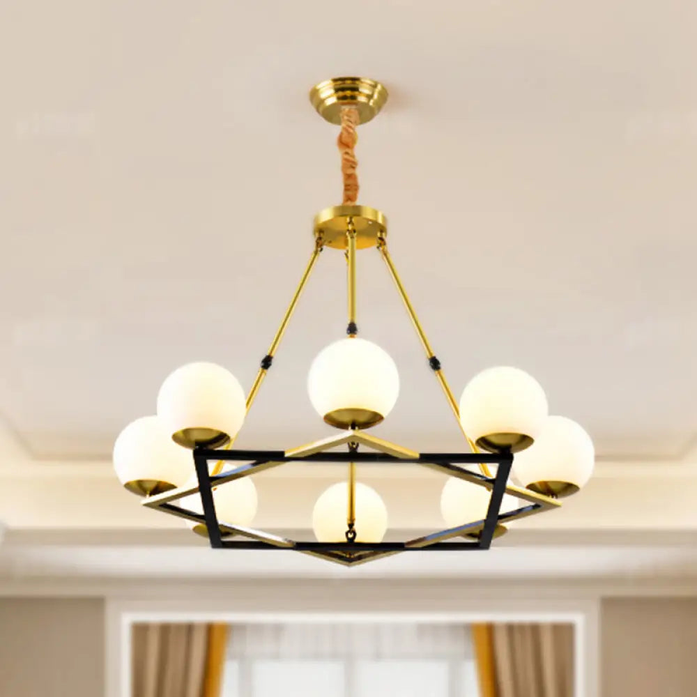 Postmodern Polygon Metal Chandelier With Brass Finish And Globe White Glass Shades 8 /