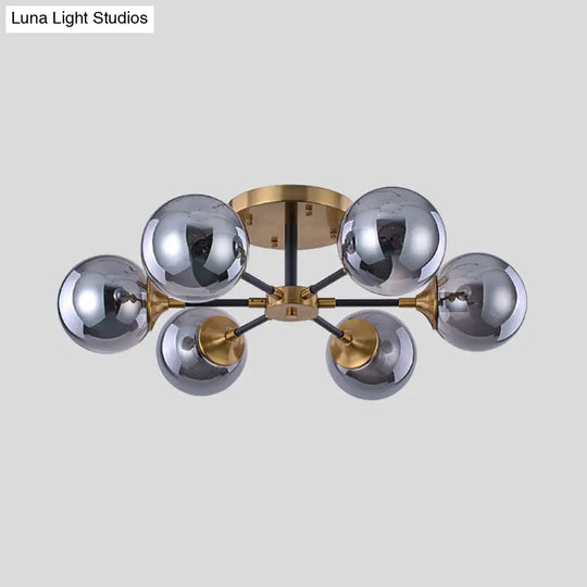 Modern Smoke Glass Semi Flush Mount Chandelier - Brass Black 3/6 Heads