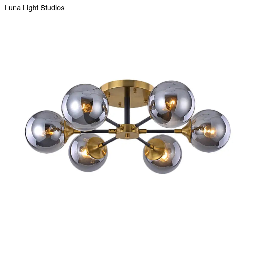 Modern Smoke Glass Semi Flush Mount Chandelier - Brass Black 3/6 Heads