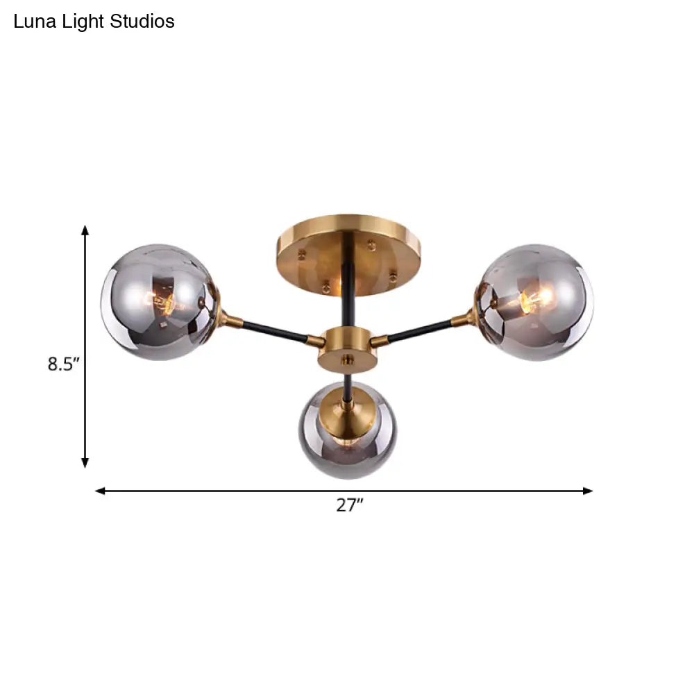 Modern Smoke Glass Semi Flush Mount Chandelier - Brass Black 3/6 Heads