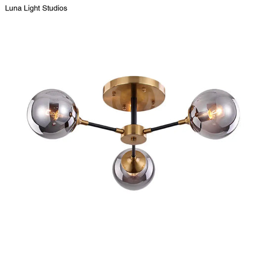 Modern Smoke Glass Semi Flush Mount Chandelier - Brass Black 3/6 Heads